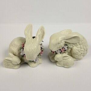 Vintage Ceramic Bunny Rabbits with Floral Garland Pair Cottagecore Decor